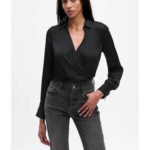 Gap Wrap Front Collar Satin Long Sleeve Bodysuit Black XXL NWT